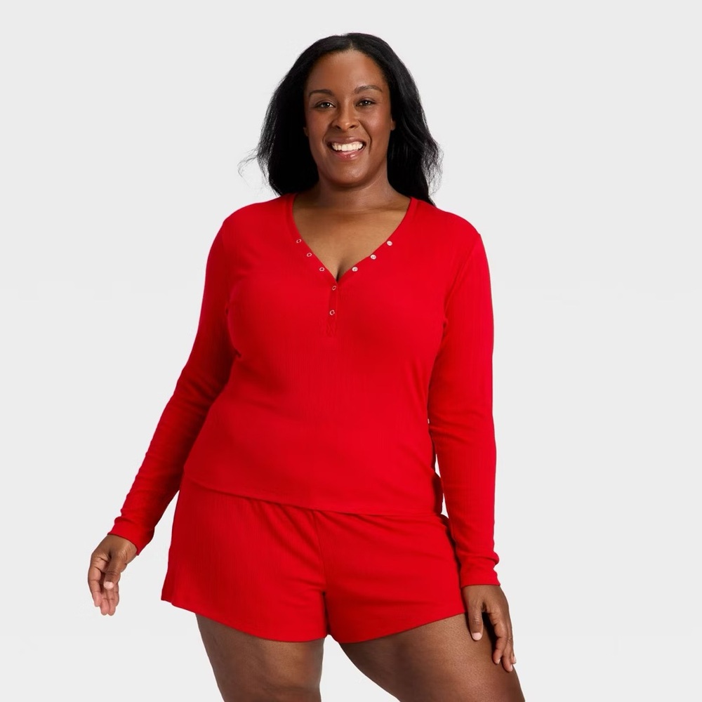Auden ❤️ Women's Ribbed Long Sleeve Shirt and Shorts Pajama Set